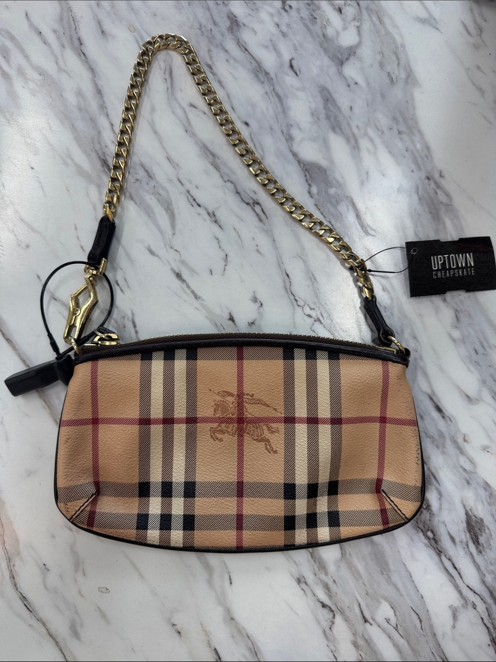 Burberry Tan Check Mini Shoulder Bag with Gold Chain